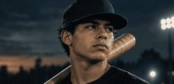 Baseball player in a cap with a bat on the shoulder