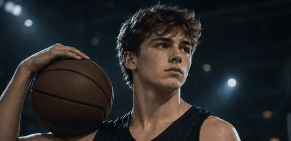 Basketball player with a ball on an indoor court