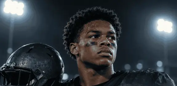 Football player holding a helmet under stadium lights