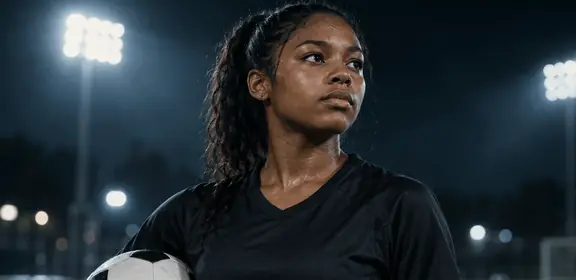 Soccer player holding a ball under stadium lights