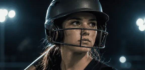 Softball player in a batting helmet holding a bat