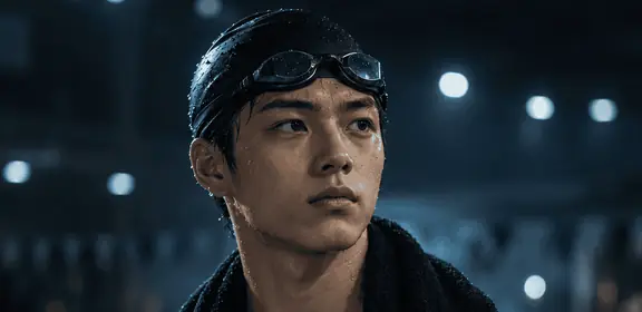Swimmer in a cap and goggles with a towel on the pool deck
