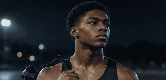 Sprinter carrying spikes on a track at night