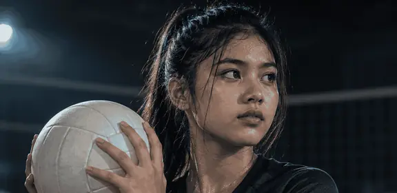 Volleyball player holding a ball by the net
