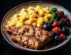 Eggs, whole grain toast and fruit